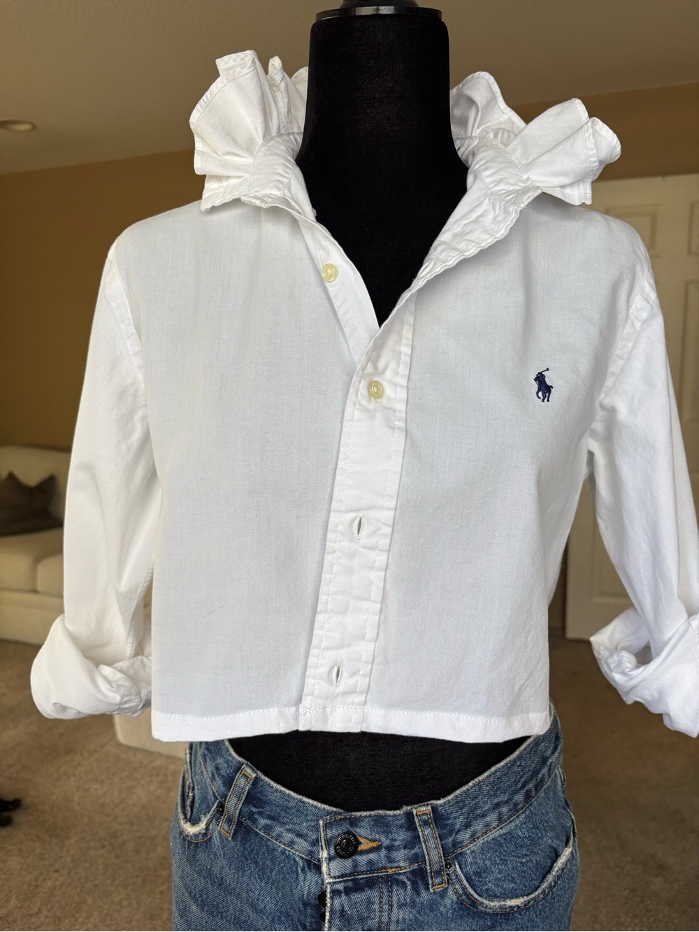 Reworked Cropped Ralph Lauren Ruffle Collar Button Down Size S - Picture 2 of 12